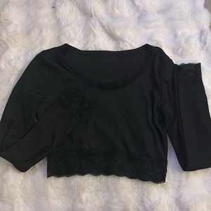 Black Ribbed Lace Long Sleeve Cropped Top